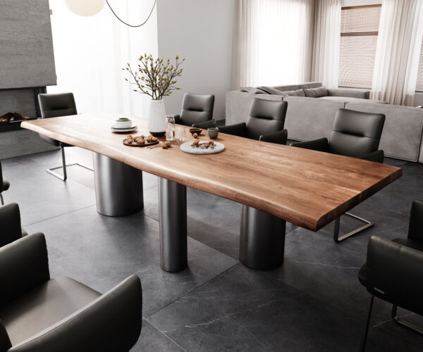 Jedálenský stôl Edge 300x100 XL akácia hnedá Troa nerezová oceľ grafitová Live-Edge