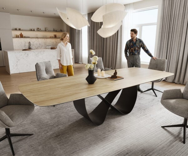 Jedálenský stôl Edge zaoblený tvar 240-300×120 cm keramika Laminam® sabbia dubová farba Infinity kov čierna rozkladací