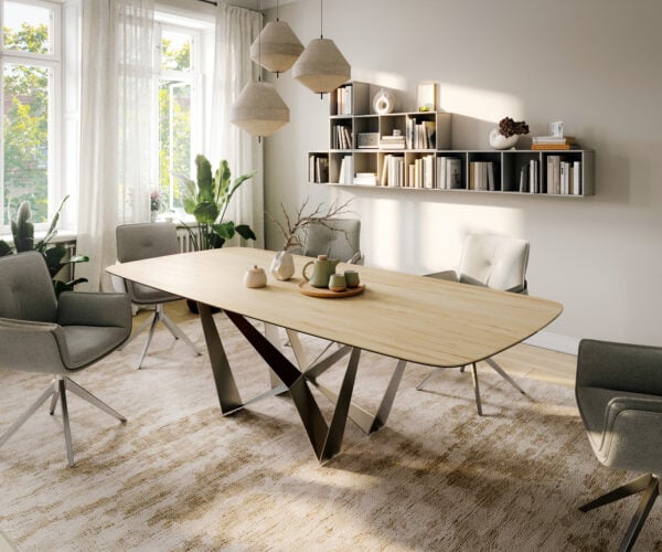 Jedálenský stôl Edge zaoblený tvar 260×120 cm keramika Laminam® Sabbia dubová farba pavúk plochá nerezová oceľ
