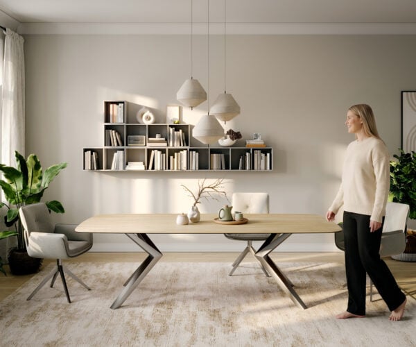 Jedálenský stôl Edge zaoblený 260×120 cm keramika Laminam® sabbia dubová farba Zenthara hranatý nerezová oceľ