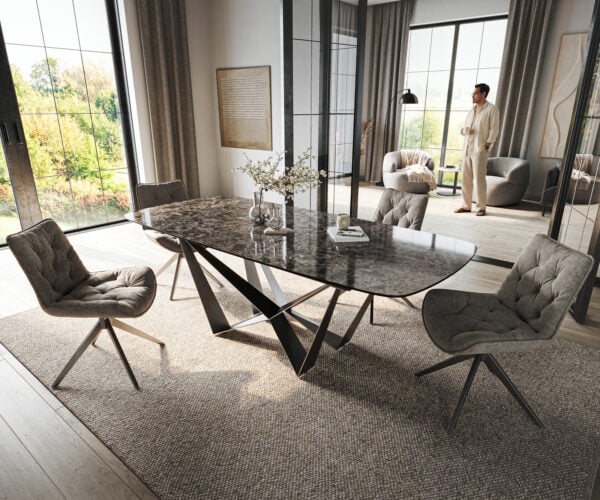 Jedálenský stôl Edge zaoblený 180-220×100 cm keramika Emperador Extra Lucidato tmavohnedá Spider plochá oceľ nerezová oceľ grafit rozkladací