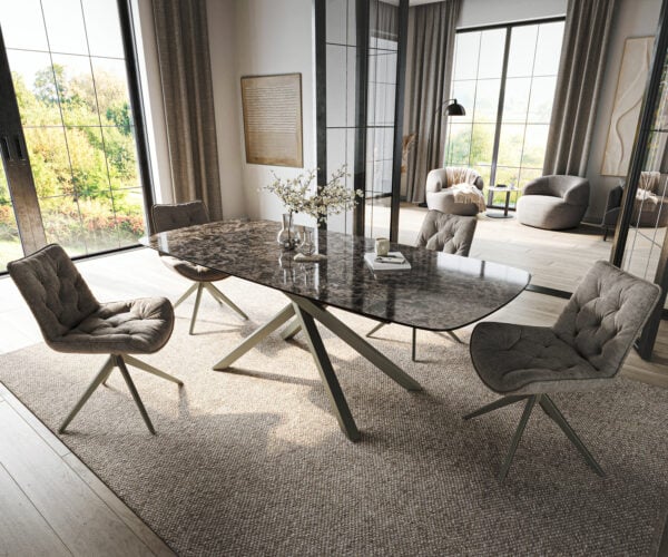 Jedálenský stôl Edge zaoblený 180-220×100 cm keramika emperador extra leštená tmavohnedá krížová podstava hranatý titánová farba rozkladací