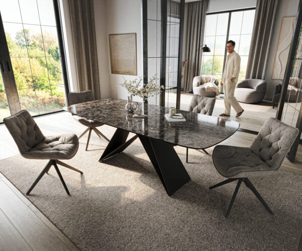 Jedálenský stôl Edge zaoblený 180-220×100 cm keramika Emperador Extra Lucidato tmavohnedá podstava v tvare V plochá oceľ čierna rozkladací