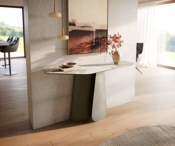 Konzolový stolík Edge polygonálny 140×50 cm keramika Minas melange bielo-béžová Livos kov titánová farba
