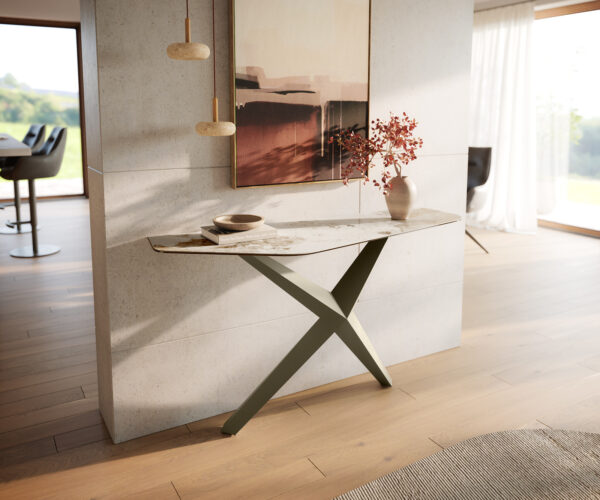Konzolový stolík Edge polygonálny 140×50 cm keramika Minas melange bielo-béžová Zentharo kov titánová farba