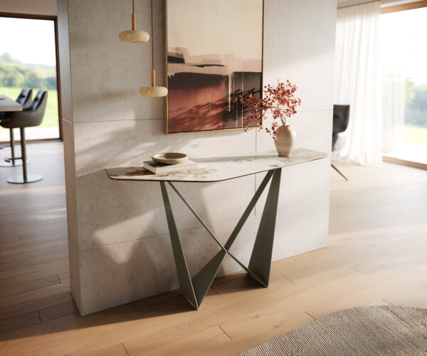Konzolový stolík Edge polygonálny 140×50 cm keramika Minas melange bielo-béžová Spios kov titánová farba efekt