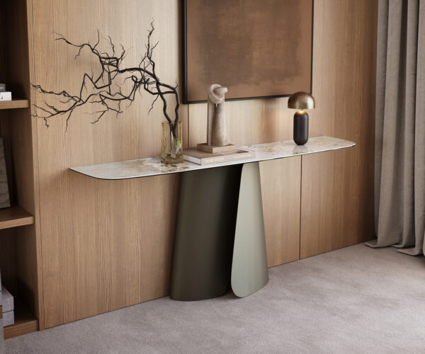 Konzolový stolík Edge zaoblený tvar 180×40 cm keramika Minas Melange bielo-béžová Livos kov titánová farba