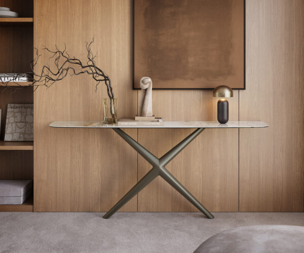 Konzolový stolík Edge zaoblený tvar 180×40 cm keramika Minas Melange bielo-béžová Estelo kov titánová farba