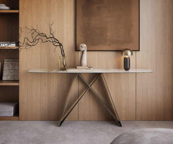 Konzolový stolík Edge zaoblený tvar 180×40 cm keramika Minas Melange bielo-béžová Velio kov titánová farba