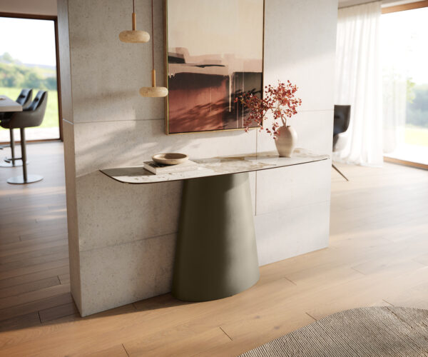 Konzolový stolík Edge zaoblený 140×40 cm keramika Minas Melange bielo-béžová Conos kov titánová farba