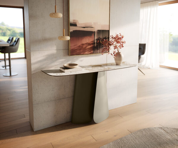 Konzolový stolík Edge zaoblený tvar 140×40 cm keramika Minas Melange bielo-béžová Livos kov titánová farba