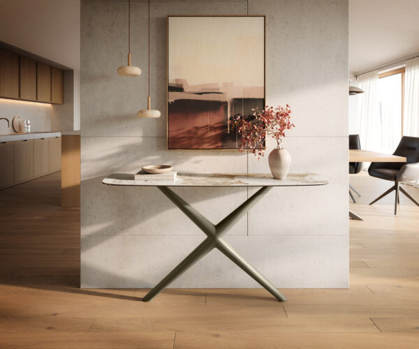 Konzolový stolík Edge zaoblený 140×40 cm keramika Minas Melange bielo-béžová Estelo kov titánová farba