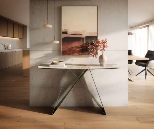 Konzolový stolík Edge zaoblený 140×40 cm keramika Minas Melange bielo-béžová Velio kov titánová farba