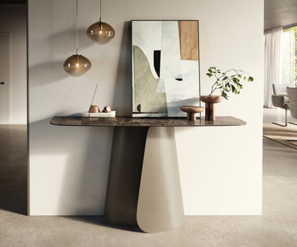 Konzolový stolík Edge zaoblený 140×40 cm keramika Emperador extra leštený tmavohnedá Livos kov titánová farba