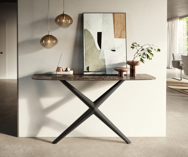 Konzolový stolík Edge zaoblený 140×40 cm keramika Emperador Extra Lucidato tmavohnedá Estelo kov čierna
