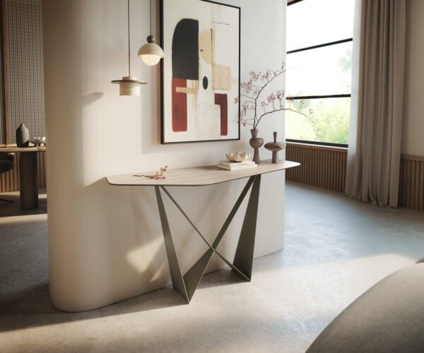 Konzolový stolík Edge polygonálny 140×50 cm keramika Laminam® Travertino Bianco krémovo biela Spios kov titánová farba efekt