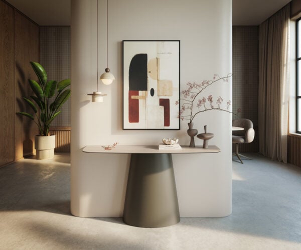 Konzolový stolík Edge zaoblený 140×40 cm keramika Laminam® Travertino Bianco krémovo biela Conos kov titánová farba