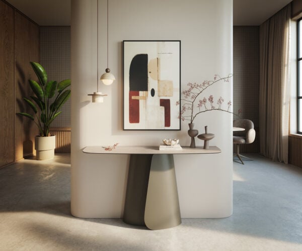Konzolový stolík Edge zaoblený 140×40 cm keramika Laminam® Travertino Bianco krémovo biela Livos kov titánová farba
