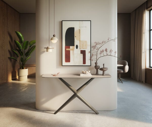 Konzolový stolík Edge zaoblený 140×40 cm keramika Laminam® Travertino Bianco krémovo biela Estelo kov titánová farba