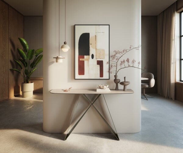 Konzolový stolík Edge zaoblený 140×40 cm keramika Laminam® Travertino Bianco krémovo biela Velio kov titánová farba