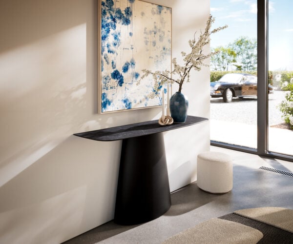 Konzolový stolík Edge zaoblený 140×40 cm keramika Laminam® Nero Greco antracitová kužeľová kovová čierna