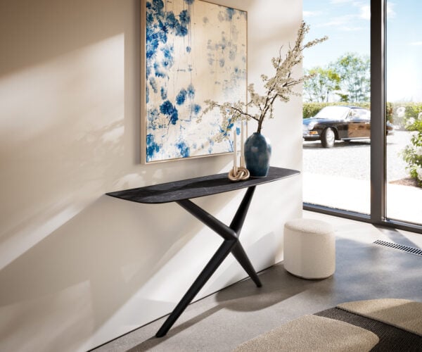 Konzolový stolík Edge zaoblený 140×40 cm keramika Laminam® Nero Greco antracit Estelo kov čierna