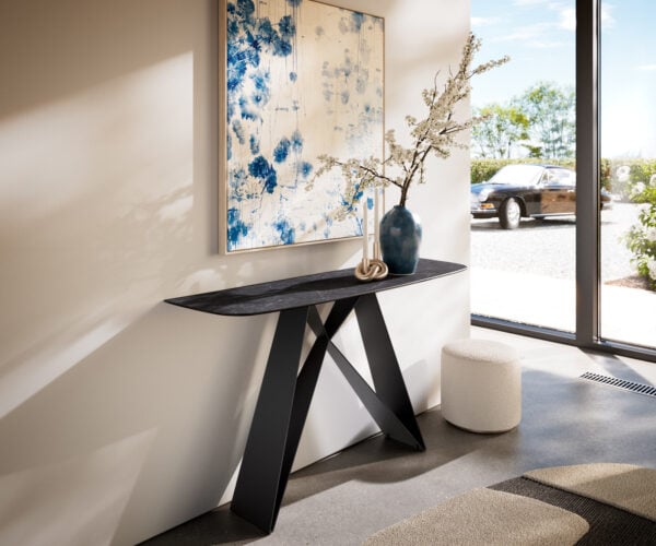 Konzolový stolík Edge zaoblený 140×40 cm keramika Laminam® Nero Greco antracit Velio kov čierna