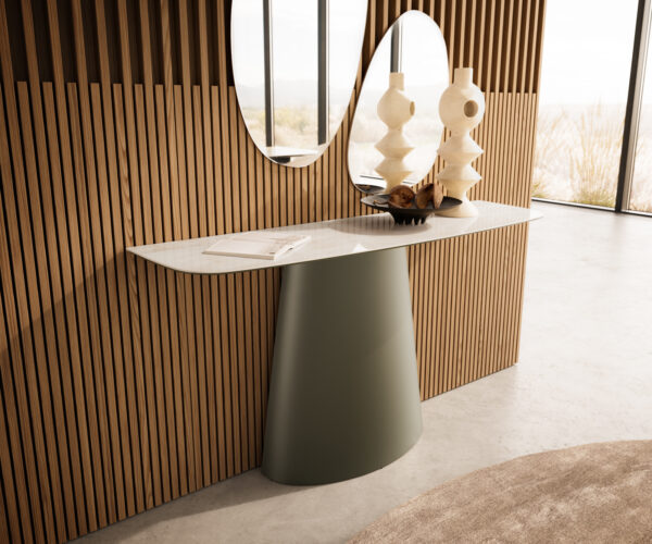 Konzolový stolík Edge zaoblený 140×40 cm keramika onyx šampanské Conos kov titánová farba