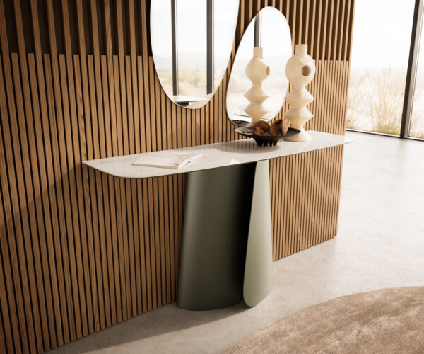 Konzolový stolík Edge zaoblený 140×40 cm keramika onyx šampanské Livos kov titánová farba