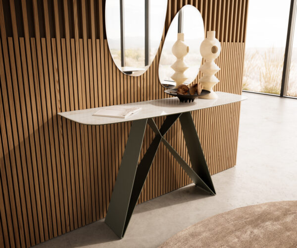 Konzolový stolík Edge zaoblený tvar 140×40 cm keramika onyx šampanské Velio kov titánová farba