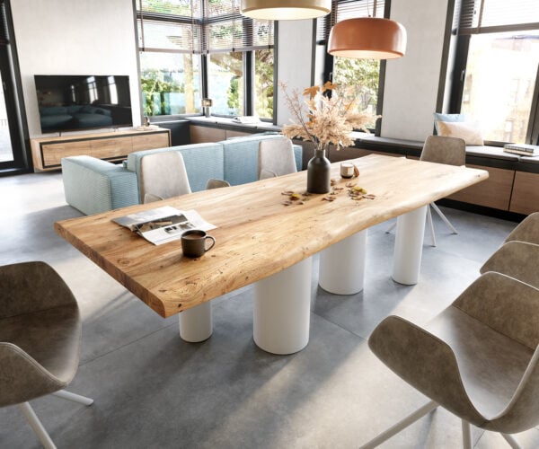 Jedálenský stôl Edge 280x100 XL akácia prírodná pilier kov biela Live-Edge
