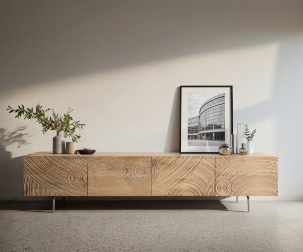 TV stolík Ashara 220 cm dub prírodná 3D efekt 4 dvierka podstava v tvare L nerezová oceľ kefovaná