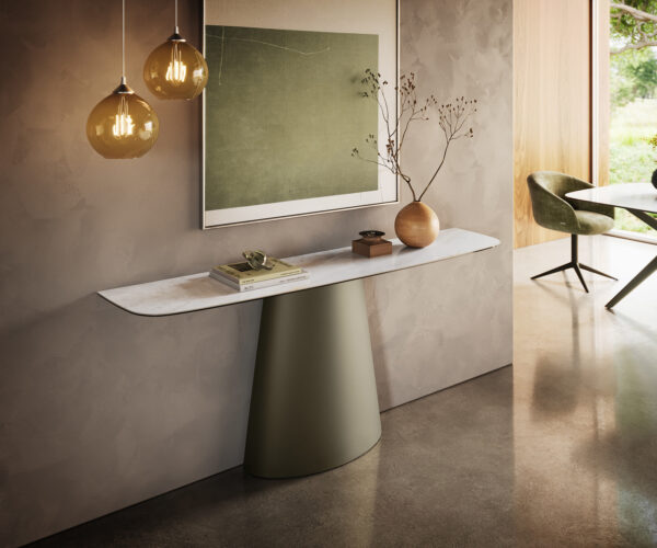 Konzolový stolík Edge zaoblený tvar 180×40 cm keramika onyx perla Conos kov titánová farba