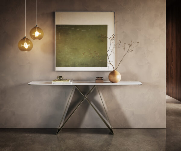 Konzolový stolík Edge zaoblený tvar 180×40 cm keramika onyx perla Velio kov titánová farba