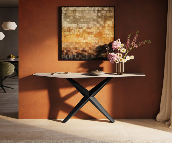 Konzolový stolík Edge polygonálny 180×50 cm keramika Laminam® Travertino Bianco krémovo biela Zentharo kov čierna