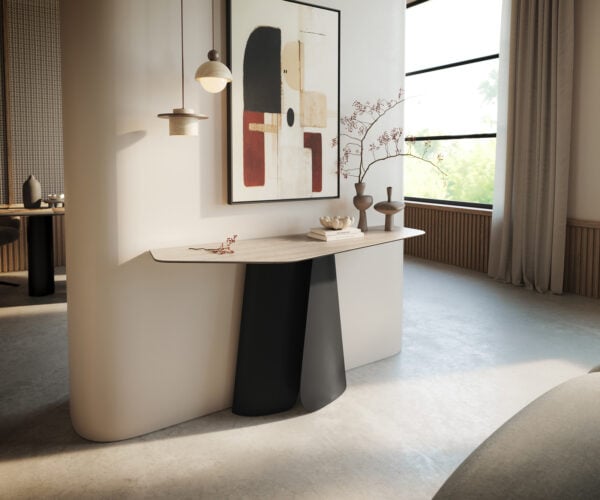 Konzolový stolík Edge polygonálny 140×50 cm keramika Laminam® Travertino Bianco krémovo biela Livos kov čierna