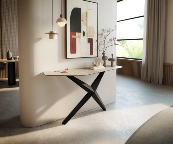 Konzolový stolík Edge polygonálny 140×50 cm keramika Laminam® Travertino Bianco krémovo biela Zentharo kov čierna