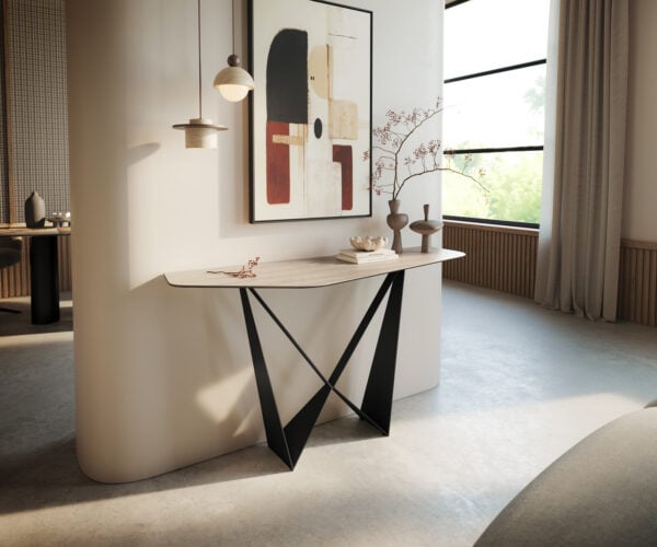 Konzolový stolík Edge polygonálny 140×50 cm keramika Laminam® Travertino Bianco krémovo biela Spios kov čierna