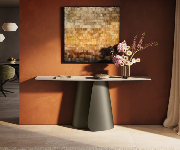 Konzolový stolík Edge zaoblený tvar 180×40 cm keramika Laminam® Travertino Bianco krémovo biela Livos kov titánová farba efekt