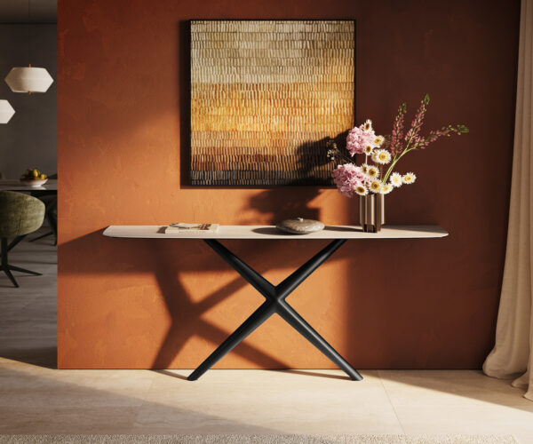 Konzolový stolík Edge zaoblený tvar 180×40 cm keramika Laminam® Travertino Bianco krémovo biela Estelo kov čierna