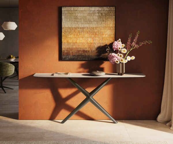 Konzolový stolík Edge zaoblený 180×40 cm keramika Laminam® Travertino Bianco krémovo biela Estelo kov titánová farba