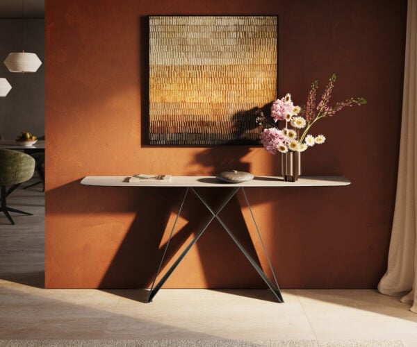 Konzolový stolík Edge zaoblený 180×40 cm keramika Laminam® Travertino Bianco krémovo biela Velio kov titánová farba