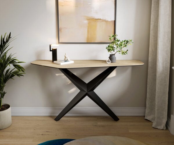 Konzolový stolík Edge polygonálny 140×50 cm keramika Laminam® sabbia v dubovej farbe Zentharo kov čierna