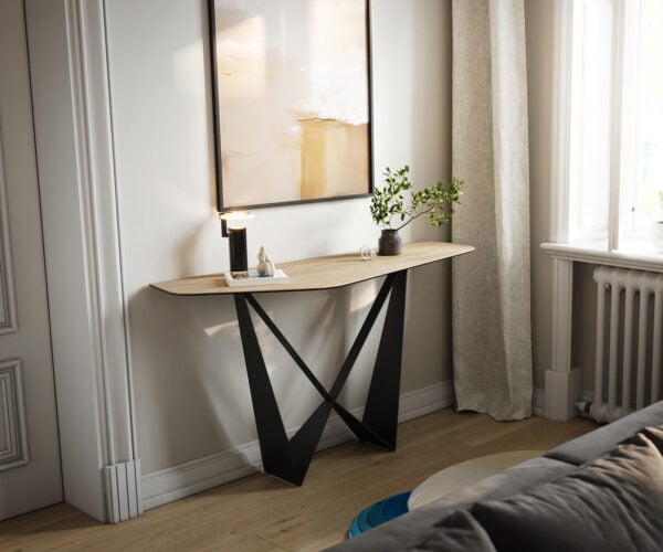Konzolový stolík Edge polygonálny 140×50 cm keramika Laminam® sabbia v dubovej farbe Spios kov čierna