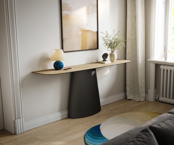 Konzolový stolík Edge zaoblený 180×40 cm keramika Laminam® sabbia dubová farba Conos kov čierna