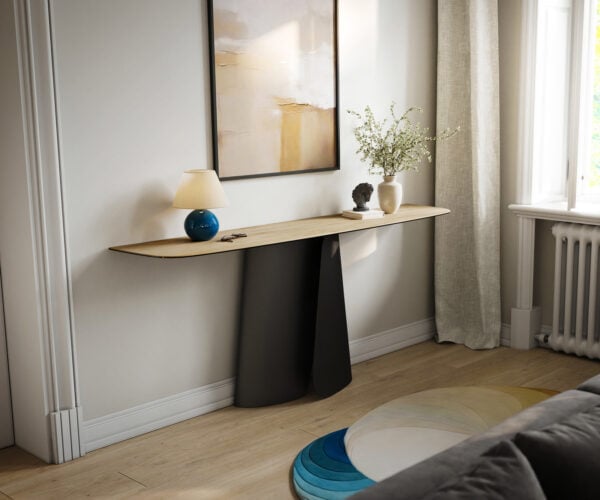 Konzolový stolík Edge zaoblený 180×40 cm keramika Laminam® sabbia dubová farba Livos kov čierna
