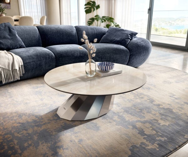 Konferenčný stolík Edge okrúhly 100×100 cm keramika onyx šampanské parabi nerezová oceľ kefovaná