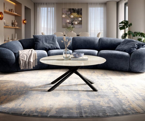Konferenčný stolík Edge okrúhly 100×100 cm keramika onyx šampanské Sarity kov čierna