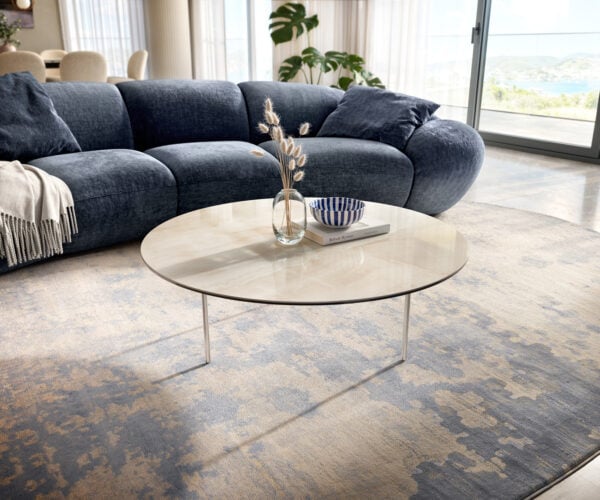 Konferenčný stolík Edge okrúhly 100×100 cm keramika onyx šampanské Trive nerezová oceľ kefovaná