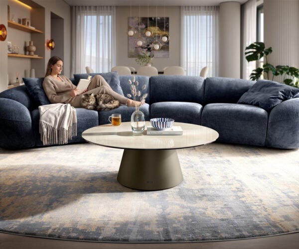 Konferenčný stolík Edge okrúhly 100×100 cm keramika onyx champagne Borna titánová farba efekt